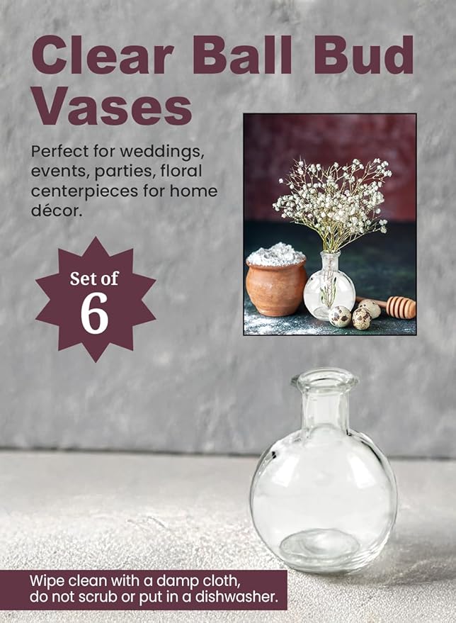 Serene Spaces Living Set of 6 Small Clear Ball Bud Vases, Transparent Glass Vases for Weddings, Events, Parties, Floral Centerpieces for Home Decor, Measures 4" Tall