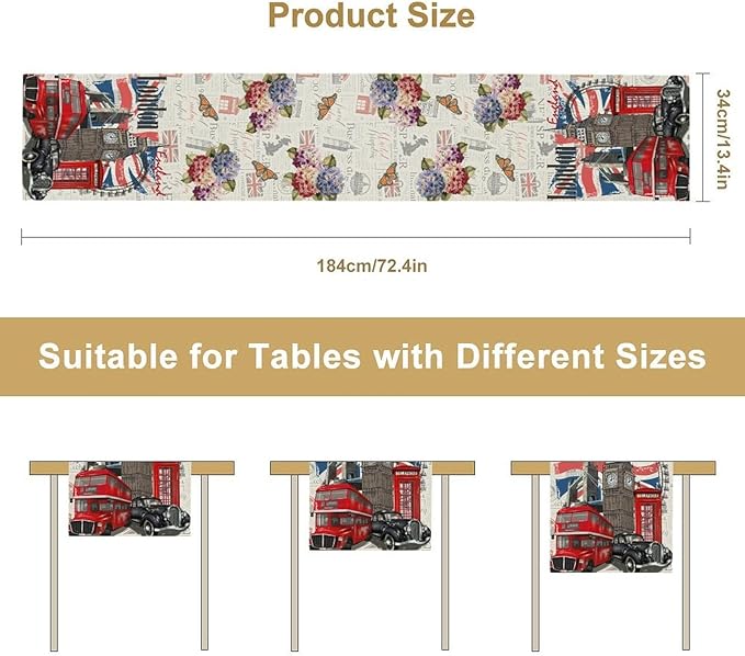 British Table Runner, Seasonal Vintage Floral England London Culture Element Coffee Table Center Decor for Home Kitchen Dining Patio Holiday Party Table Decorations 13x72 inches