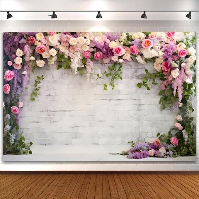 8x5ft Retro White Brick Wall Floral Backdrop Romantic Roses Vine Leaves Photography Background Girls Birthday Party Wedding Bridal Shower Flowers Brick Wall Decoration Supplies Photo Booth Props