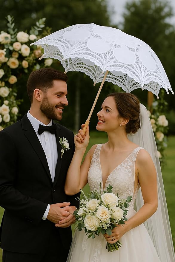 Lace Parasol Umbrella 32 Inch – Victorian Style Bridal Wedding Sunshade for Women, Lace Umbrella for Photoshoot, Tea Party, Costume, Outdoor Decoration