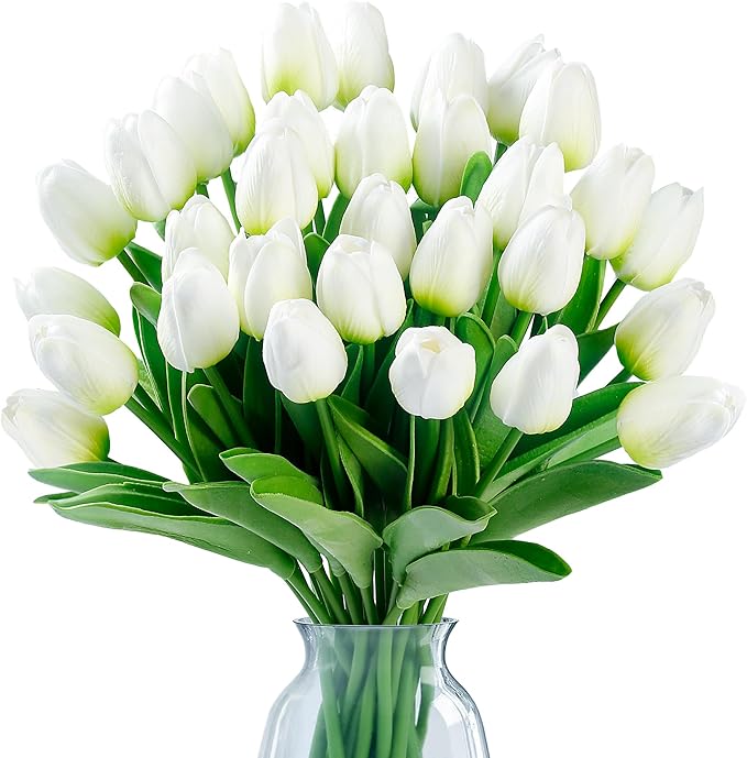 Sggvecsy 15 Pcs Fake Tulips Artificial Flowers Real Touch PU Faux Flowers Tulip Stems for Wedding Spring Bouquet Floral Arrangement Home Party Office Decorations for Mother's Day (Green White)