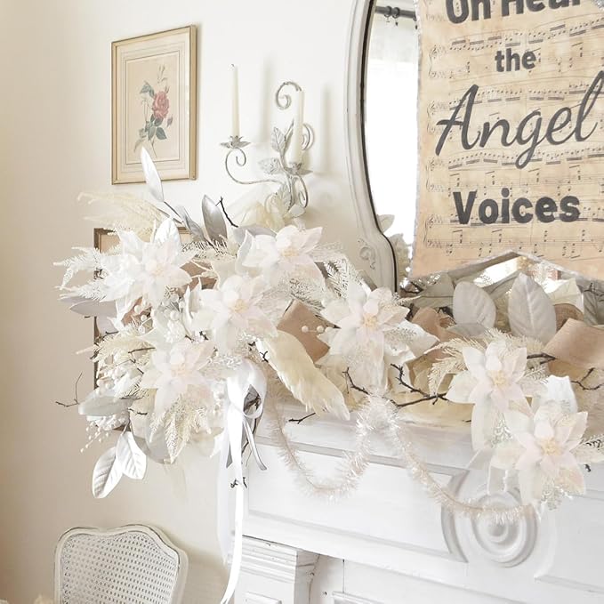 RECUTMS 10 Pcs Christmas Glitter Artificial Poinsettia Flowers 6inch Christmas Tree Decoration Christmas Wreath Holiday Seasonal Decorations (White, 6inch)