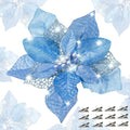 24 Pcs Christmas Poinsettia Flowers Artificial with Clips, 5.9" Christmas Decor Glitter Poinsettia Flowers for Christmas Tree New Year Wedding Party Wreath DIY Garland Decor (Blue)