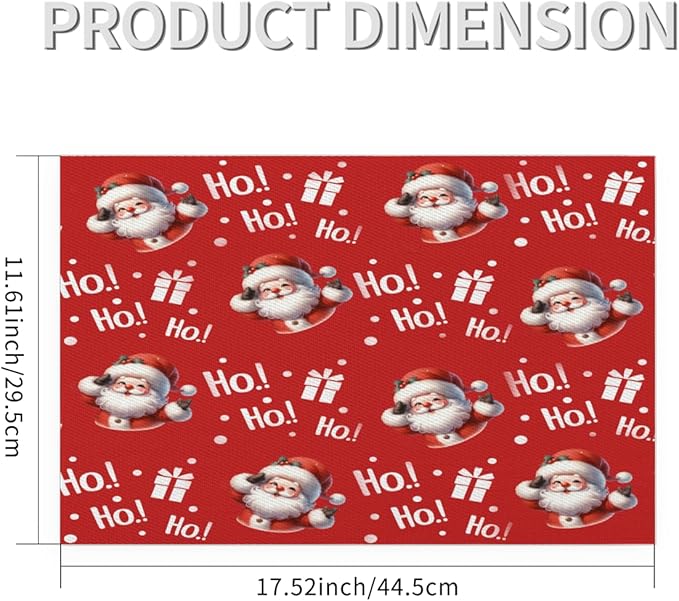 Christmas Xmas Ho Santa Claus Placemats Set of 1 PVC Vinyl Non Slip Table Mats Heat Resistant Place Mats Washable Wipeable Dining Table Mat for Kitchen Decor Party Indoor Outdoor Decorative Gift