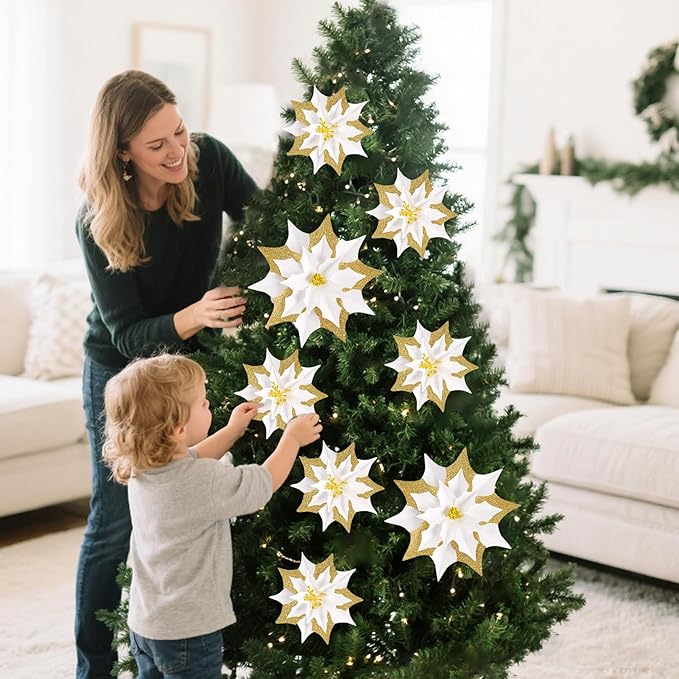 15PCS Poinsettia Flowers Artificial Christmas Decorations White Gold Poinsettia Large Flowers for Wall Christmas Tree Ornaments Glitter Poinsettias Flower Wreath Garland Window Door Xmas Tree Decor