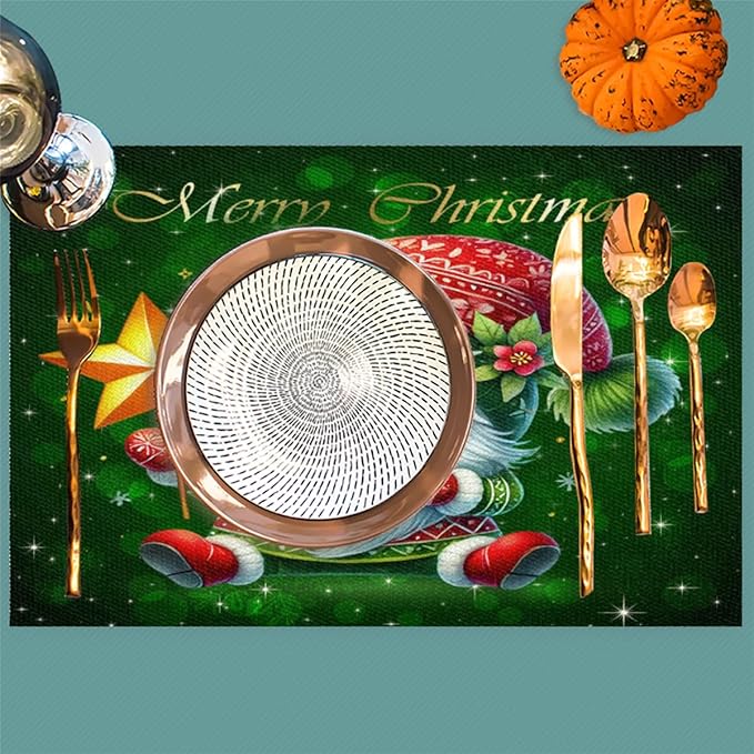 Xmas Christmas Green Santa Claus Placemats Set of 1 PVC Vinyl Non Slip Table Mats Heat Resistant Place Mats Washable Wipeable Dining Table Mat for Kitchen Decor Party Indoor Outdoor Decorative Gift