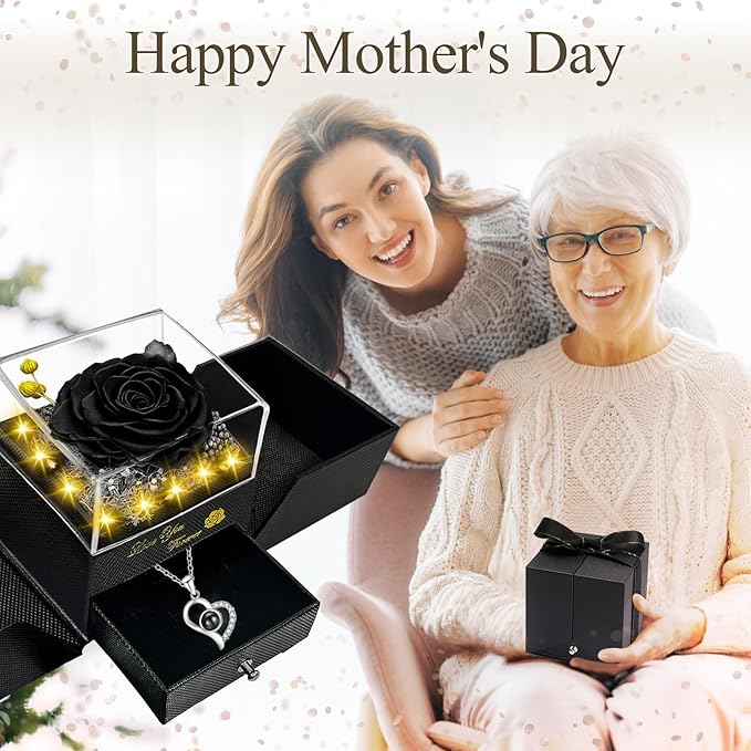 Preserved Real Rose-Eternal Flowers Rose Mothers Day for Mom Women Her Wife Girlfriend on Birthday Valentines with I Love You Necklace 100 Languages Romantic Gift (Black)