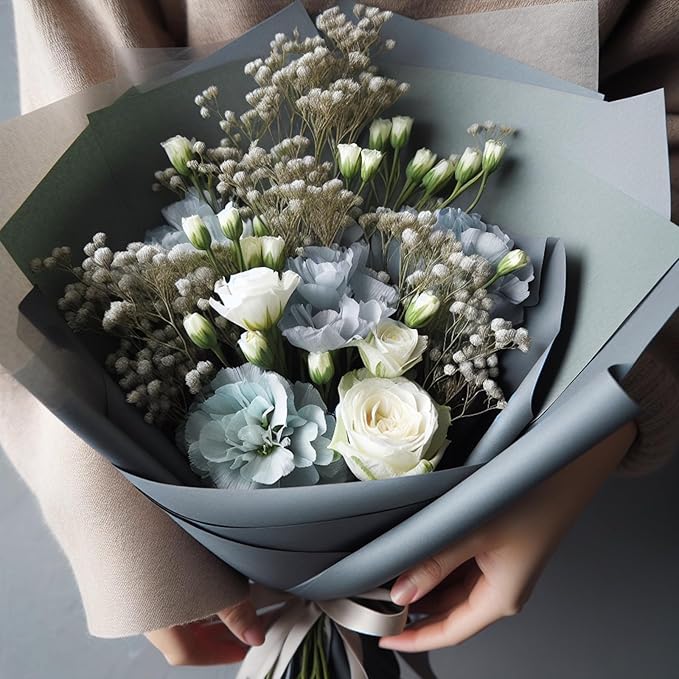 LeZakaa 20 Sheets Flower Wrapping Paper - Waterproof Reversible Floral Bouquet Paper - Green Gray and Mist Blue Design for Baby Shower, Mother's Day, Parties, Birthdays, Weddings