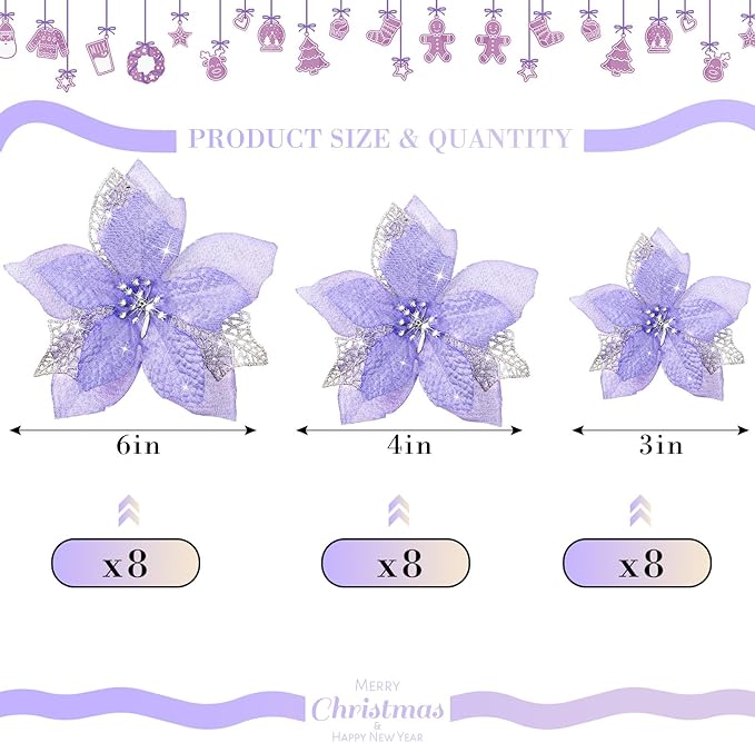 Boao 24 Pieces Christmas Artificial Glitter Poinsettia Flowers Xmas Flowers Wedding Christmas Tree New Year Ornaments(Light Purple)