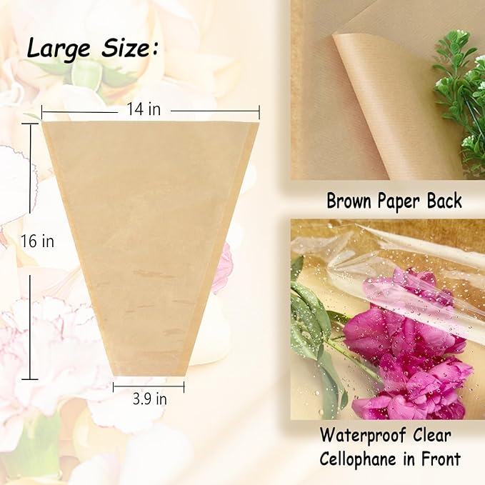 MYGOGOART 50 Pcs Flower Bouquet Wrapping Paper Flower Bags Sleeves for Bouquets Kraft Paper Floral Wrap Bags Flower Bouquet Supplies(14 x 16 x 3.9 inches)