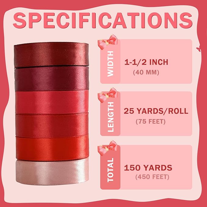 150 Yards Red Satin Ribbon 1-1/2 Inch 6 Rolls Assortment Ribbons for Crafts Gift Wrapping Flower Bouquet Wedding Invitations Birthday Party Festival Decoration Hair Bows