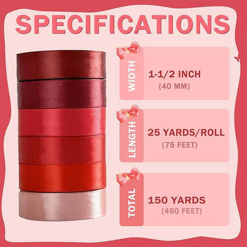 150 Yards Red Satin Ribbon 1-1/2 Inch 6 Rolls Assortment Ribbons for Crafts Gift Wrapping Flower Bouquet Wedding Invitations Birthday Party Festival Decoration Hair Bows