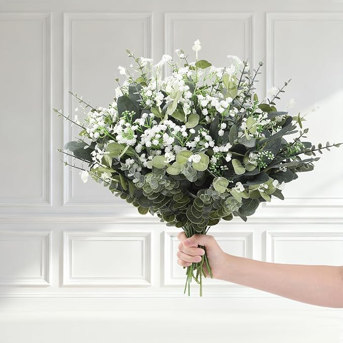 120 Pcs Mixed Artificial Eucalyptus Leaves Stems Bulk,Baby Breath Artificial Flowers Bulk with Eucalyptus Leaves Greenery Stems for DIY Bouquets Wedding Floral Home Decor (Green-120pcs)
