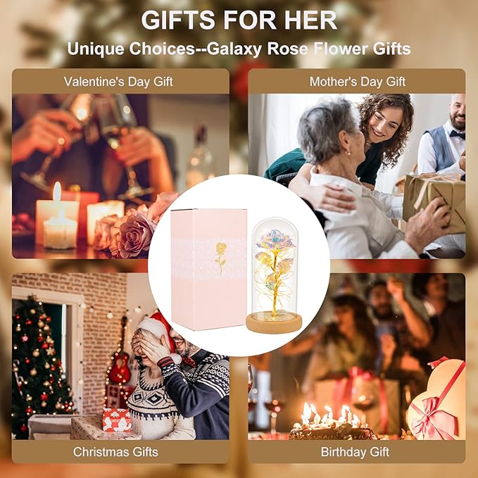 Mothers Day Flowers Gifts for Mom, Birthday Gifts for Women, Galaxy Glass Rose Gifts for Grandma Wife Daughter Artificial Forever Preserved Flowers for Delivery Prime Rose in Glass Dome, Rainbow