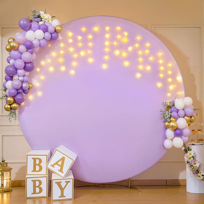 6.6 FT Purple Round Backdrop Cover with Lights String for Circle Arch Stand Circle Backdrop Covers with LED Fairy Lights for Wedding Arch Baby Shower Birthday Party Photo Photography Background