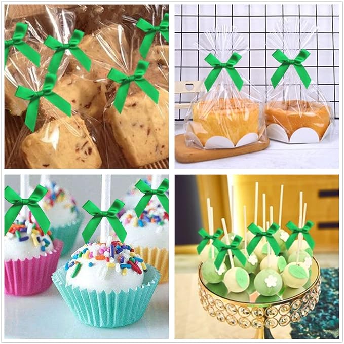 50 Pack Green Pretied Bows, 3" Satin Ribbon Twist Tie Bows for Treat Bags, Pre Tied Ribbon Bows Twist Tie for Crafts, Twist Bows Tied Bows with Wire for Gift Bags, Popcorn Bags, Candy Bags
