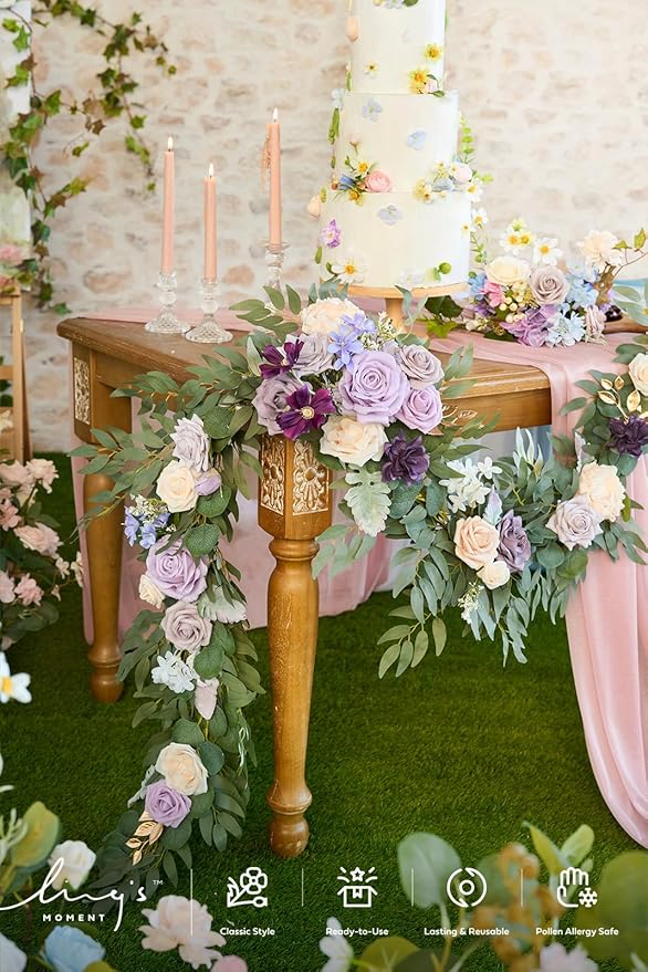 Ling's moment Flower Garland - 6FT Eucalyptus & Rose - Sweetheart Table Decor for Wedding Reception, Artificial Floral Garland for Mantle, Thanksgiving, Christmas Decoration, Lilac & Lavender