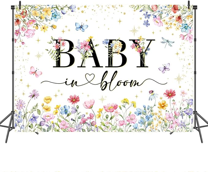 Mocsicka Baby in Bloom Backdrop Banner Wildflower Backdrop Decorations for Baby Shower 7x5ft Girls Floral Golden Dot A Little Wildflower is On The Way Baby Shower Decorations Banner