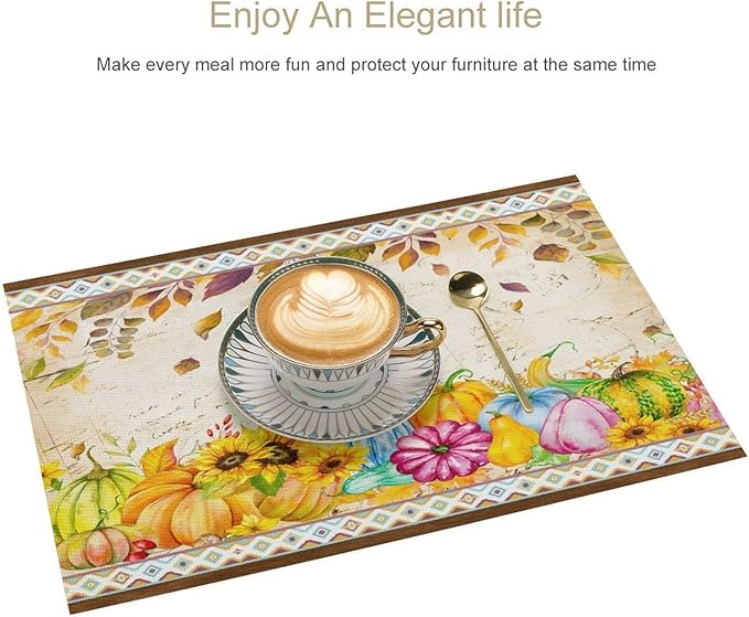 Fall Pumpkin Kitchen Placemats Vintage Rustic Farmhouse Aztec Pumpkins Maple Leaves Sunflowers Harvest Thanksgiving Placemats Table Kitchen Dining Party 12x18 Inch Set of 6