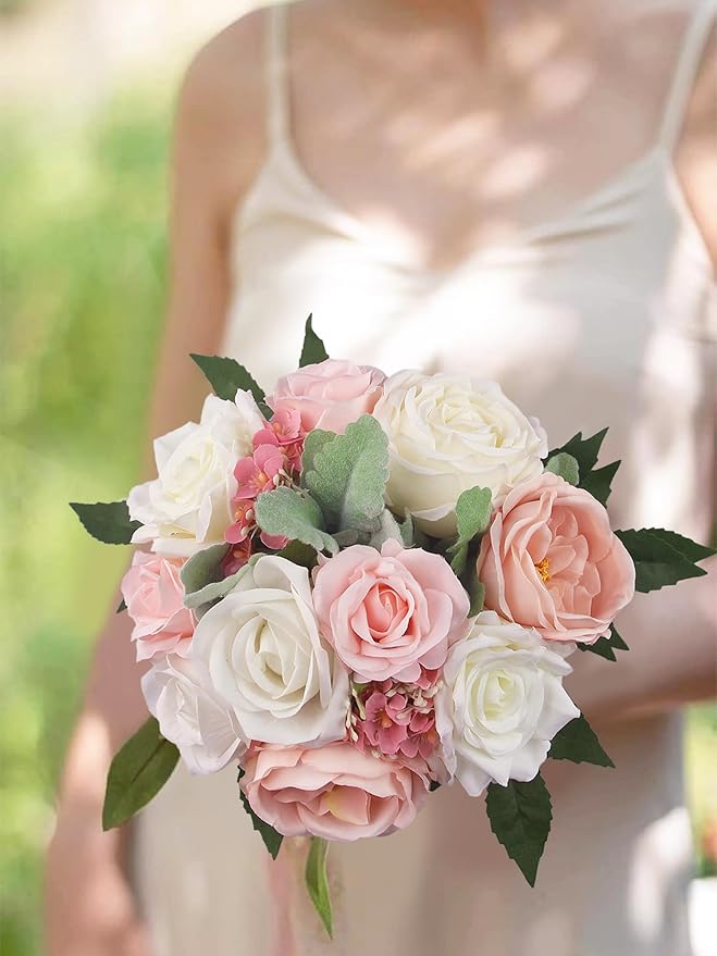Rinlong Pink White Bridesmaids Bouquet Artificial Wedding Bouquets for Bridesmaid Silk Bouquet for Wedding Prom Homecoming