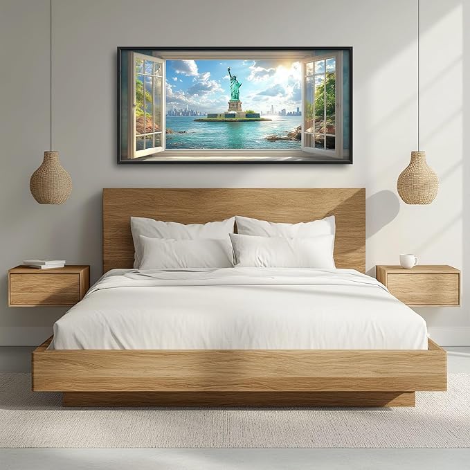 Statue of Liberty Large Wall Art Window Pictures Wall Decor Landmark Canvas Landscape Print Painting Modern Artwork Home Decoration for Living Room Bathroom Bedroom Office Framed 60"x30"