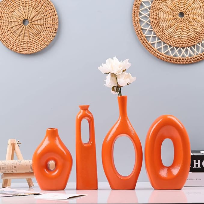 Orange Ceramic Vase Set of 4 - Round Hollow Boho Vases for Pampas Grass and Flowers Decor, Modern Minimalist Small Vases for Living Room, Bedroom, Fireplace, Coffee Table Decor and Centerpieces