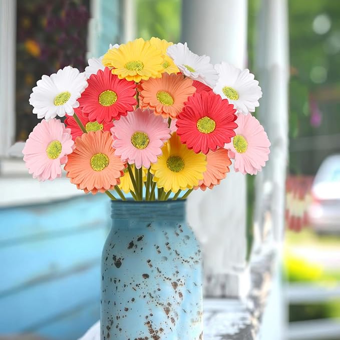 10 Pcs Artificial Gebera Daisies Flowers Fake Daisies Real Touch Flower PU Faux Flowers Bouquet for Indoor Home Arrangements Vase Wedding Party Table Centerpiece DIY Floral Decor Multicolor