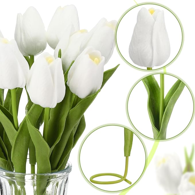 Janinka 75pcs Artificial Tulip Flowers Fake PU Tulips Faux Latex Bouquet Flower Centerpieces Arrangement Floral for Mother Day Wedding Spring Decorations (White)