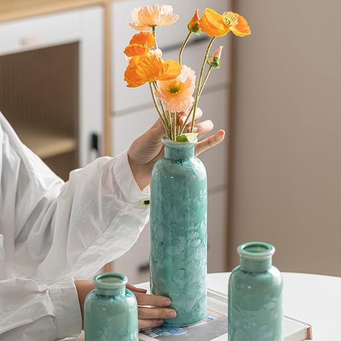 Modern Ceramic Vase Set of 3, Green Crystalline Glaze Colors, Decorative Bottles for Home, Farmhouse Rustic Decor (Crystalline Glaze Green)