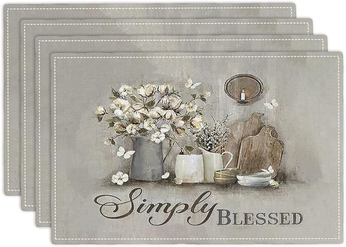 Simply Blessed Placemats Set of 4, Double-Sided Table Mats for Dining Room Home Party Indoor Decor 4 PCS 12x18 Inch