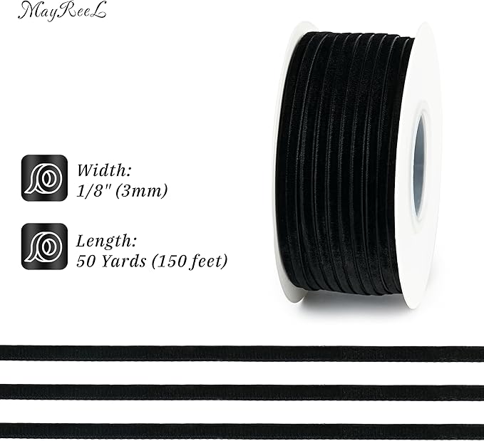 MAYREEL Black Velvet Ribbon 1/8 Inch Vintage Thin Ribbon for Wedding Invitations Gift Wrapping Party Favor Boxes Crafts 50 Yards