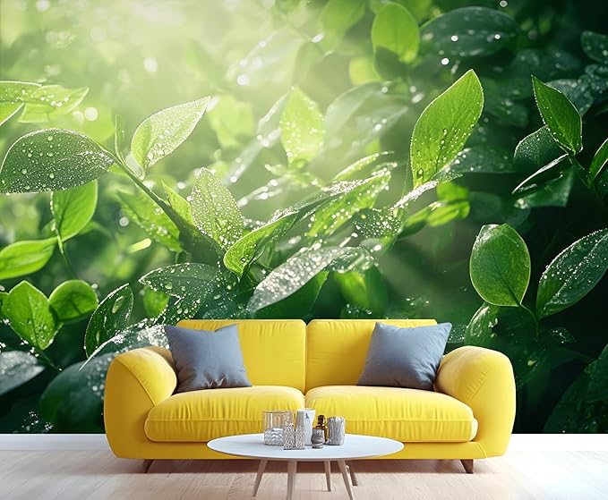 Dewdrops Green Leaf Wall Mural, Botanical Forest Sunlight 3D Wall Murals, Refreshing Nature Wallpaper Mural, for Living Room Bedroom Large Wallpaper Indoor Decor 169.3" W x118.2 H