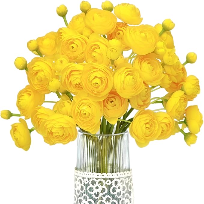 Letjolt Ranunculus Artificial Flower Yellow Silk Flowers Faux DIY Bouquet for Wedding Engagement Centerpieces Arrangements Bridal Shower Decorations Home Decor 18pcs