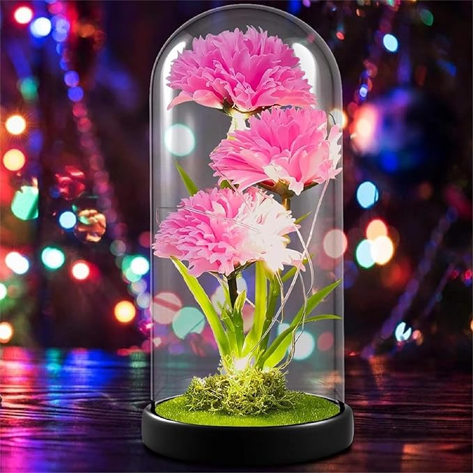 QUELIEN Christmas Carnation Flowers Gifts for Mom,Pink Artificial Carnation in Glass Dome with Led Light for Mother's Day,Birthday,Christmas (Pink)