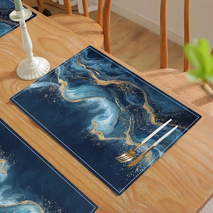 Abstract Blue Wave Placemats Set of 4, Sea Navy Double-Sided Table Mats for Kitchen Home Party Indoor Decor 4 PCS