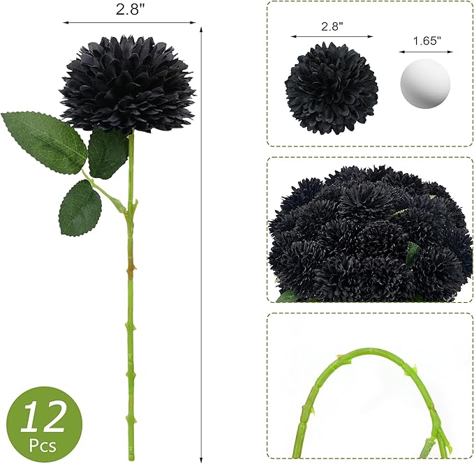 SITUMEIZI 12 Pcs Black Artificial Chrysanthemums Flowers Ball Flower Fake Mums Silk for Halloween Thanksgiving Day Fall Wedding Home Decoration Floral Arrangement