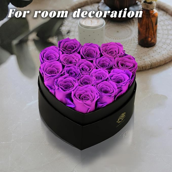 16-Piece Forever Flowers Heart-Shaped Box – Real Immortal Preserved Roses Lasting a Year, Perfect for Birthday, Girlfriend, Mother, or Wife, Valentine Day Gift for Her - Violet