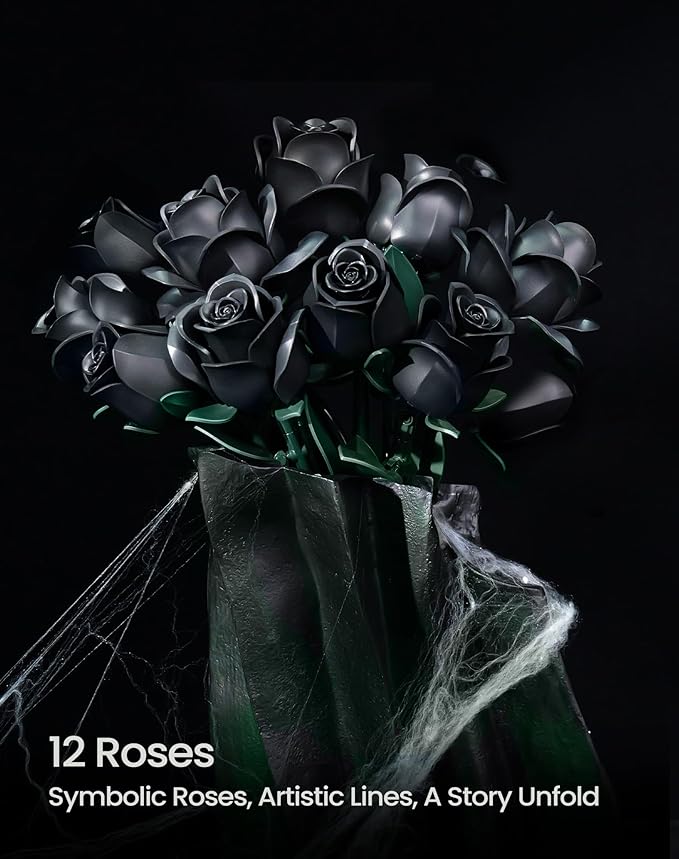 iATOM Black Rose Bouquet Building Set, Gothic Artificial Flowers Botanical Collection Kit for Adults for Home Office Table Centerpiece Retro Decor - IA11001