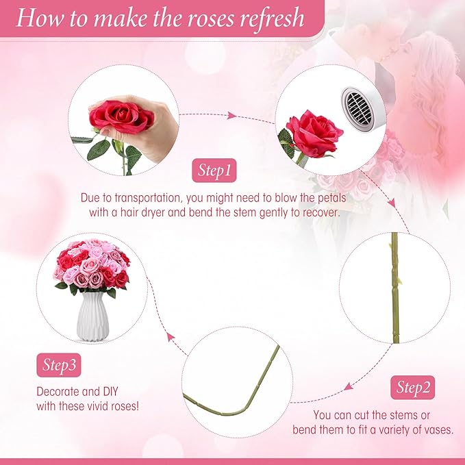 Hotop 40 Pcs Rose Artificial Flowers Bulk with Long Stem,Realistic Silk Fake Roses Bouquet for Home Wedding Centerpieces Party Table Decoration Valentines Gifts(Gradient Pink)