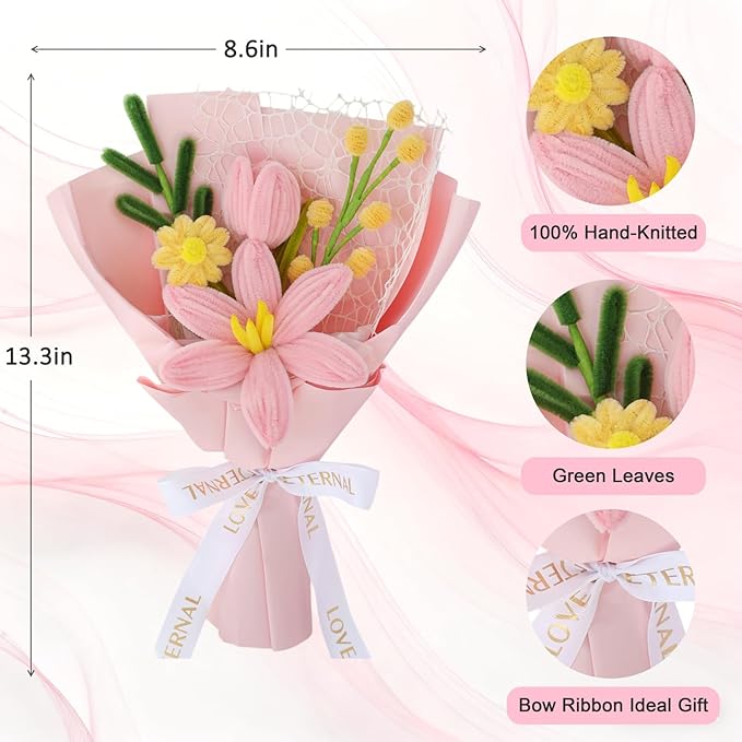 Hand-Woven Flower Bouquet Finished（1pcs） for Women Girlfriend Birthday Gift Wedding Decoration Crochet Artificial Flower, Bouquet Gift (Pink-Y)