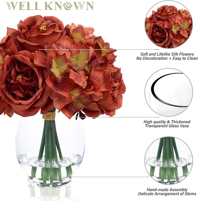 Burnt Orange Silk Peonies Artificial Flowers & Hydrangea in Glass Vase with Fake Water, Fake Austin Rose Bouquet with Vase for Fall Home Hotel Office Wedding Party Decor as Table Centerpieces & Gift