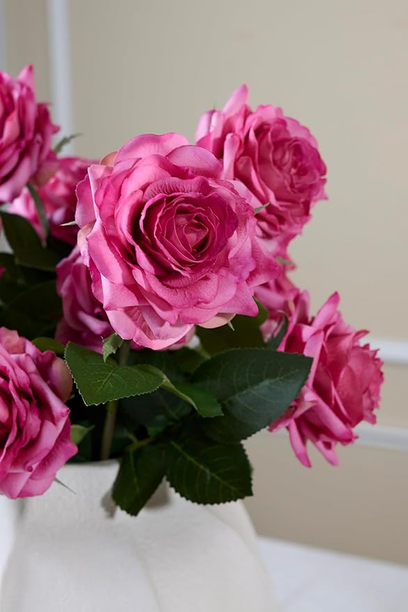 Real Touch Artificial Roses 6pcs, Floyd Roses,17.3”Faux Silk Roses Bouquet for Home Decor, Wedding Centerpieces, Romantic Gifts & Party Arrangements, Fuchsia Realistic Flowers (Pink)