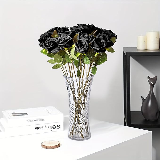 20PCS Artificial Roses with Long Stems - Realistic Silk Flowers, Fake Roses Real Touch Bouquet of Roses for Home Decor, Bridal Wedding Party Table Centerpieces, Bulk Faux Rose Flowers (Black)
