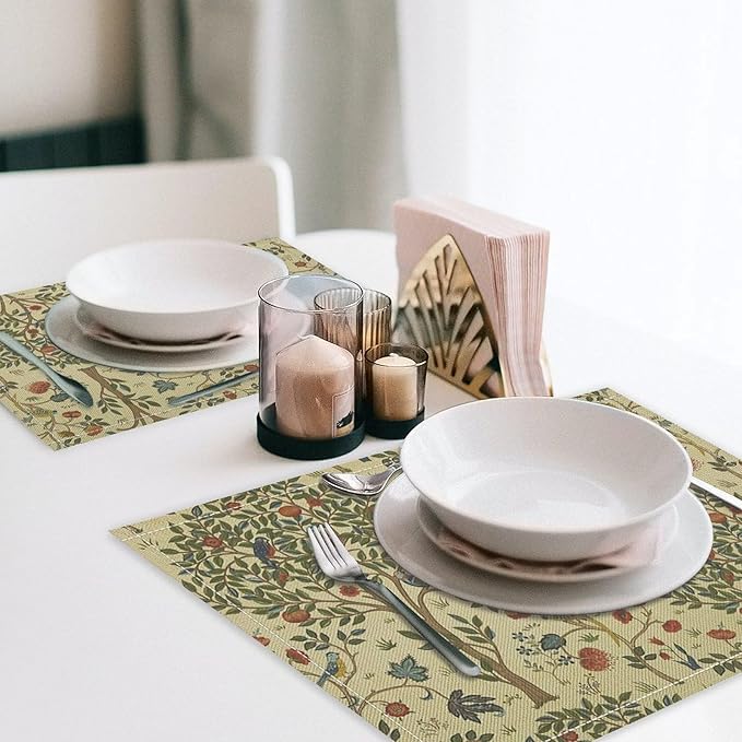 Vintage Trees Placemats Set of 6, William Morris Retro Boho Botanical Plant Birds Place Mats, Heat Resistant Non Slip Cotton Linen Dining Table Mats for Home Kitchen Party 18x12 Inch