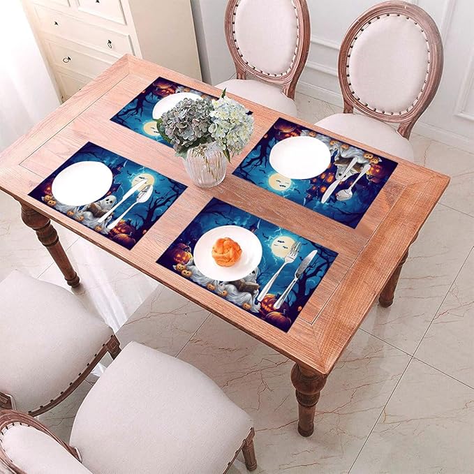 PVC Placemats Set of 1 Wipeable Table Mats Washable Heat Resistant Non Slip Vinyl Dining Table Mat for Kitchen Indoor Outdoor Patio Farmhouse Place Mats Halloween Pumpkin Ghosts Castle Decorative