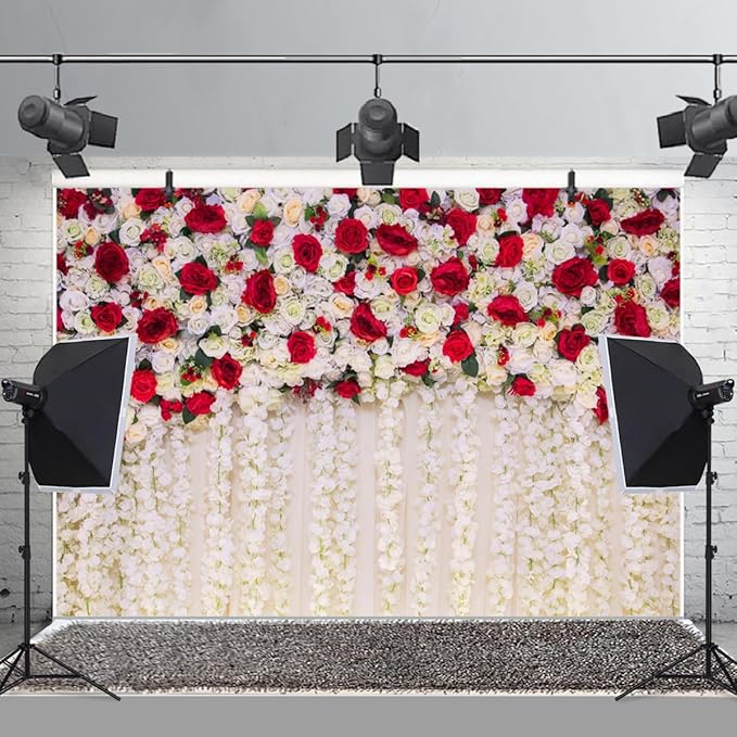 12x6ft Flower Wall Wedding Backdrop White Red Roses Romantic Spring Blooming Floral Photo Background for Valentine's Day Bridal Shower Mothers Day Birthday Newborn Decorations Photo Props