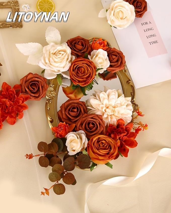 Artificial Flower Box Set Silk Flowers Rose Faux Flowers with Stems for DIY Bridal Wedding Bouquets Centerpieces Arrangements Table Decor Baby Shower Party Home Decor (Chic Terracotta Rust)