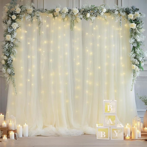 10x10ft Ivory Tulle Backdrop Curtain with Lights String for Parites, Sheer Backdrop Curtains for Wedding Baby Shower Birthday Party Photo Shoot Decorations
