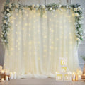 10x8ft Ivory Tulle Backdrop Curtain with Lights String for Parites, Sheer Backdrop Curtains for Wedding Baby Shower Birthday Party Photo Shoot Decorations