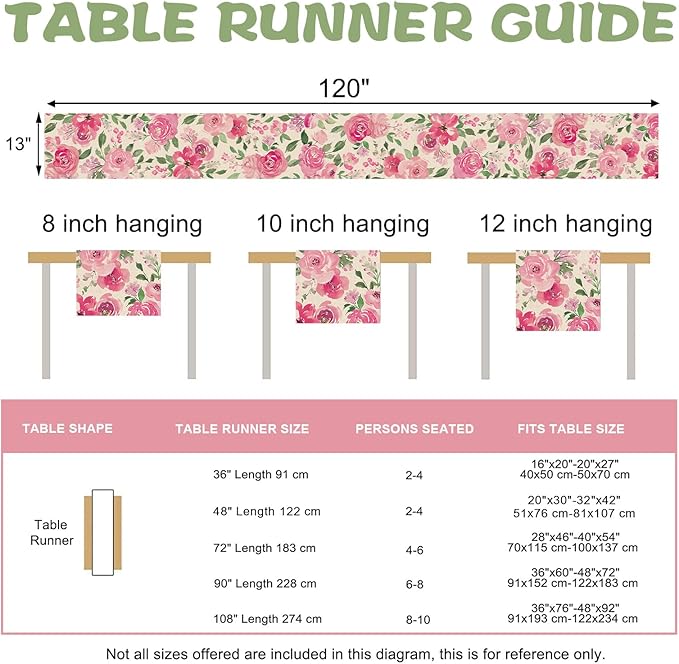 Seliem Spring Summer Watercolor Flower Table Runner, Pink Peony Floral Kitchen Dining Table Decor, Seasonal Burlap Home Decoration Indoor Outdoor Party Supply 13 x 120 Inches